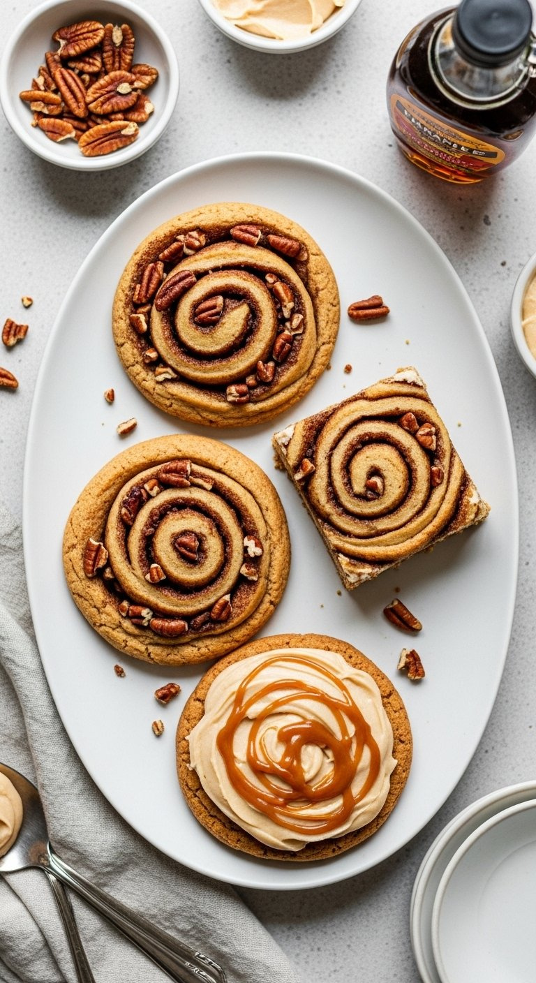 Three Variations Of Cinnamon Roll Sugar Cookies Including Pecan And Maple Flavors Served On A Light Linen Platter.