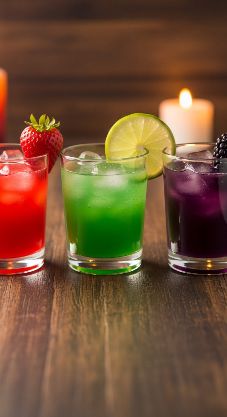 Three Vibrant Loaded Teas Red Green And Purple Representing Sanderson Sisters Potion With Fruit Garnishes On A Rustic Table