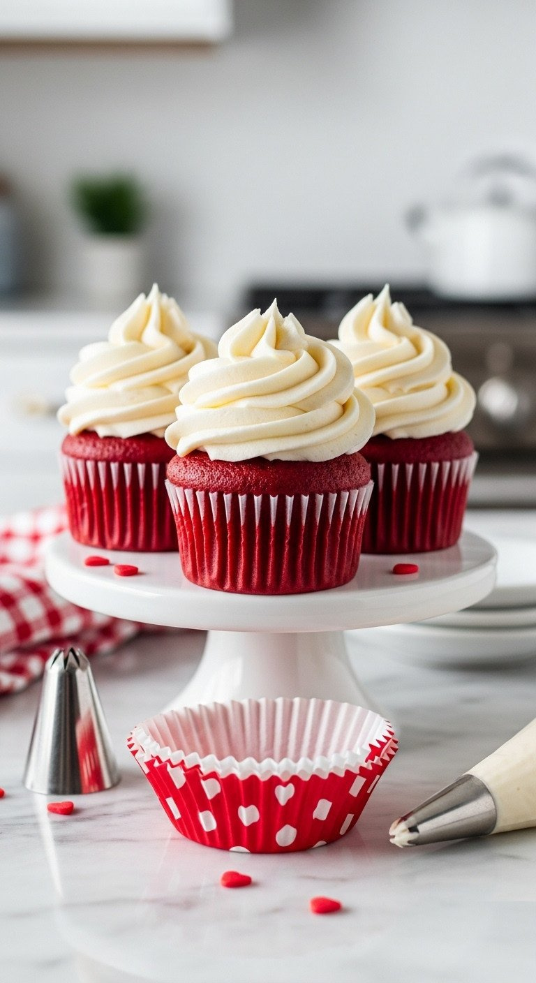 Three Vibrant Red Velvet Cupcakes With Fluffy Cream Cheese Frosting On A White Stand, Adorned With Red Heart Sprinkles.