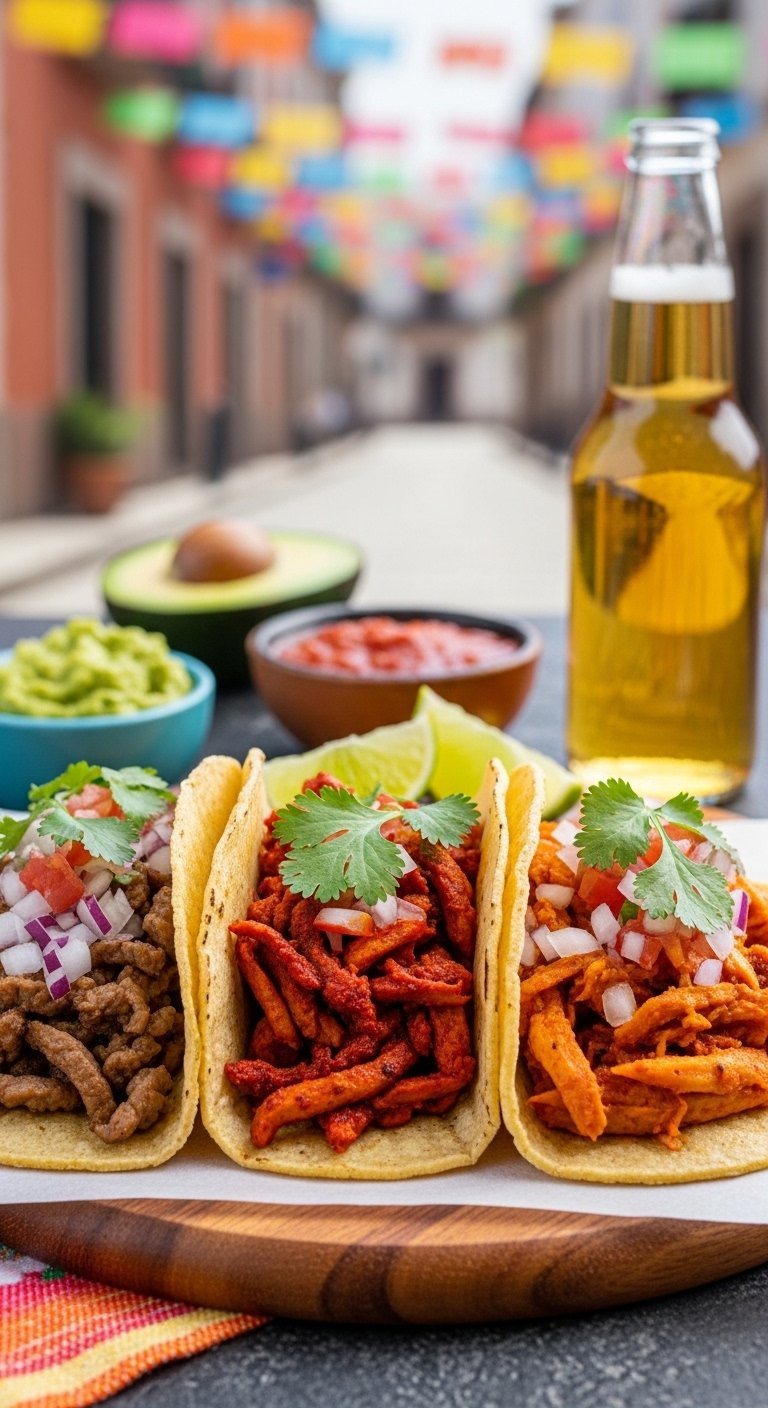 Three Vibrant Street-Style Tacos Filled With Carne Asada, Al Pastor, And Cochinita Pibil On A Board.