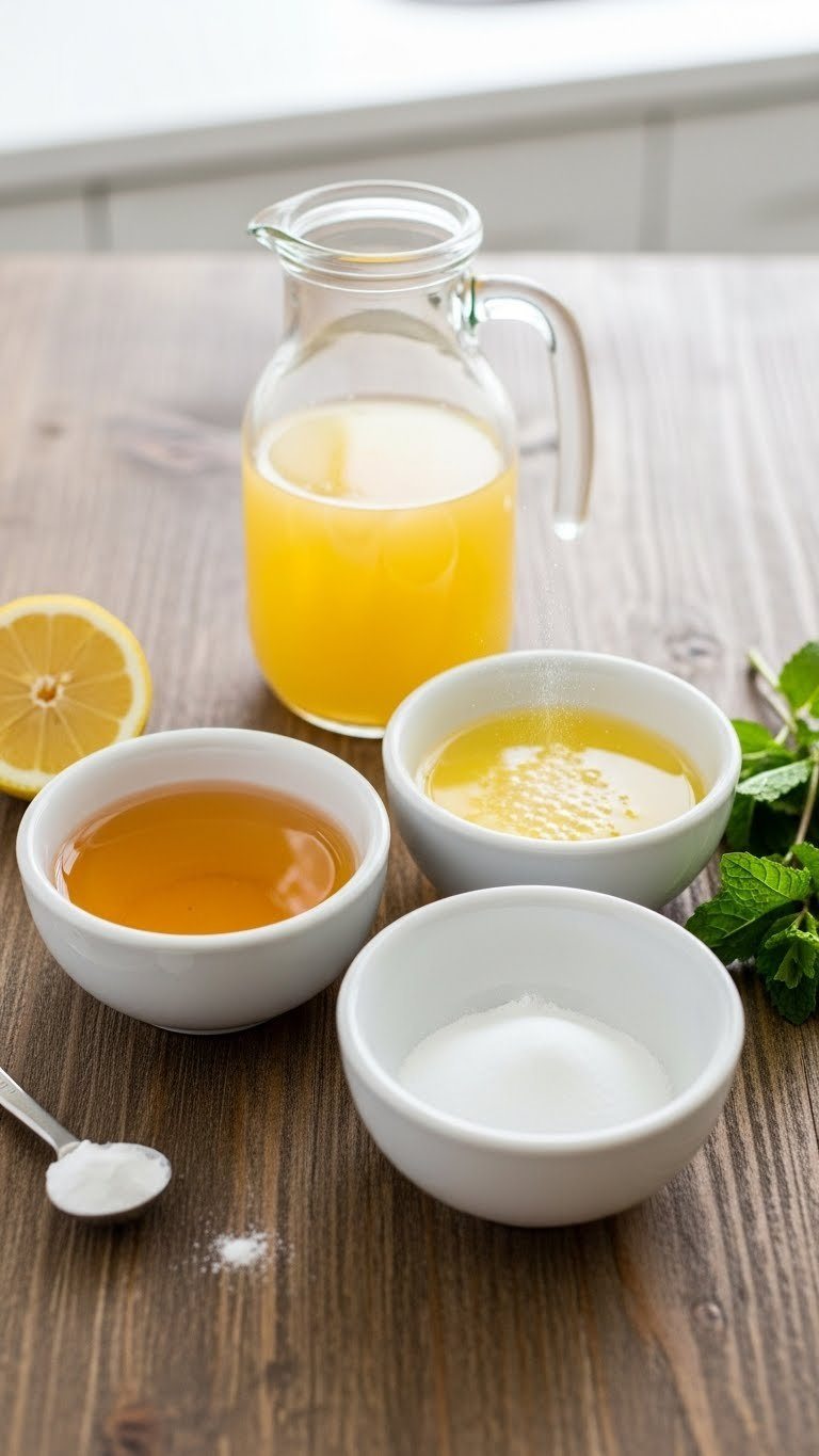 Three White Ceramic Bowls Containing Apple Cider Vinegar, Lemon Juice, And Fizzing Baking Soda Reaction