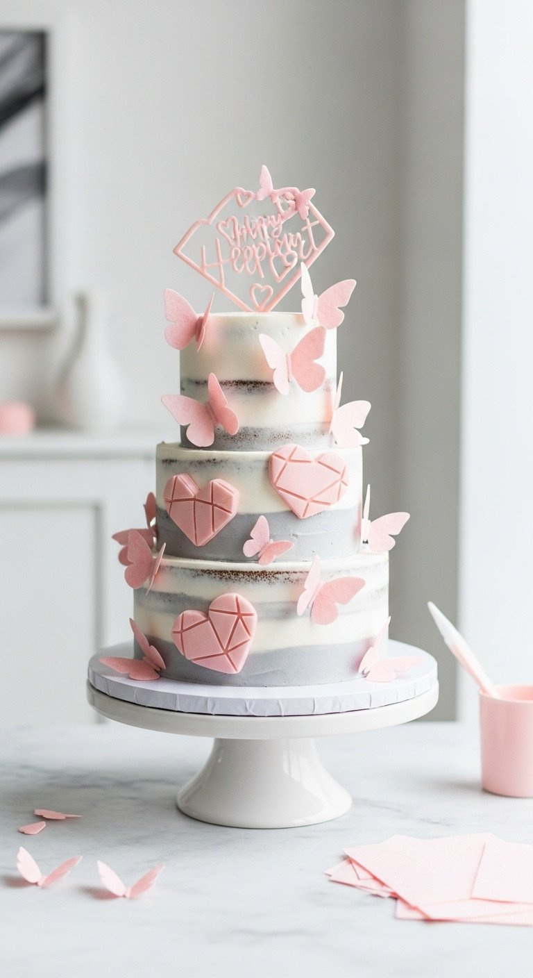 Tiered Valentine's Cake With Delicate Pink Wafer Paper Butterflies And Geometric Hearts Applied, Elegant Decor.