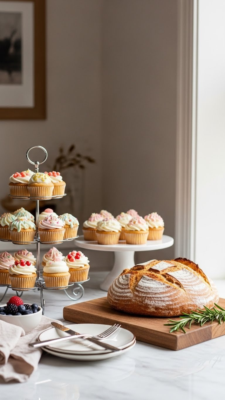 Tiered Stand Showcasing Decorated Mini Cupcakes And Rustic Sourdough Loaf On Marble Countertop With Natural Lighting