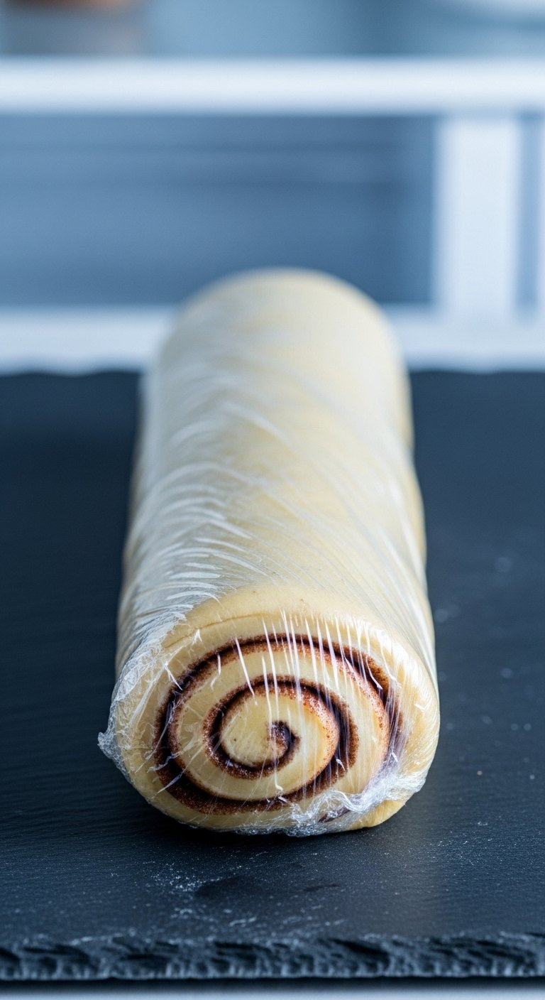 Tightly Rolled Log Of Cinnamon Roll Dough Wrapped In Plastic Wrap Showing The Swirl On A Sleek Dark Slate Surface.