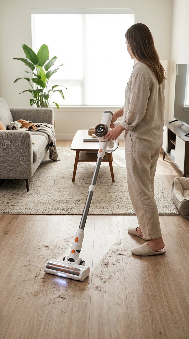 A Tikom V500 Vacuum Cleaner Poised To Clean Up Scattered Coffee Grounds On A Hardwood Floor.
