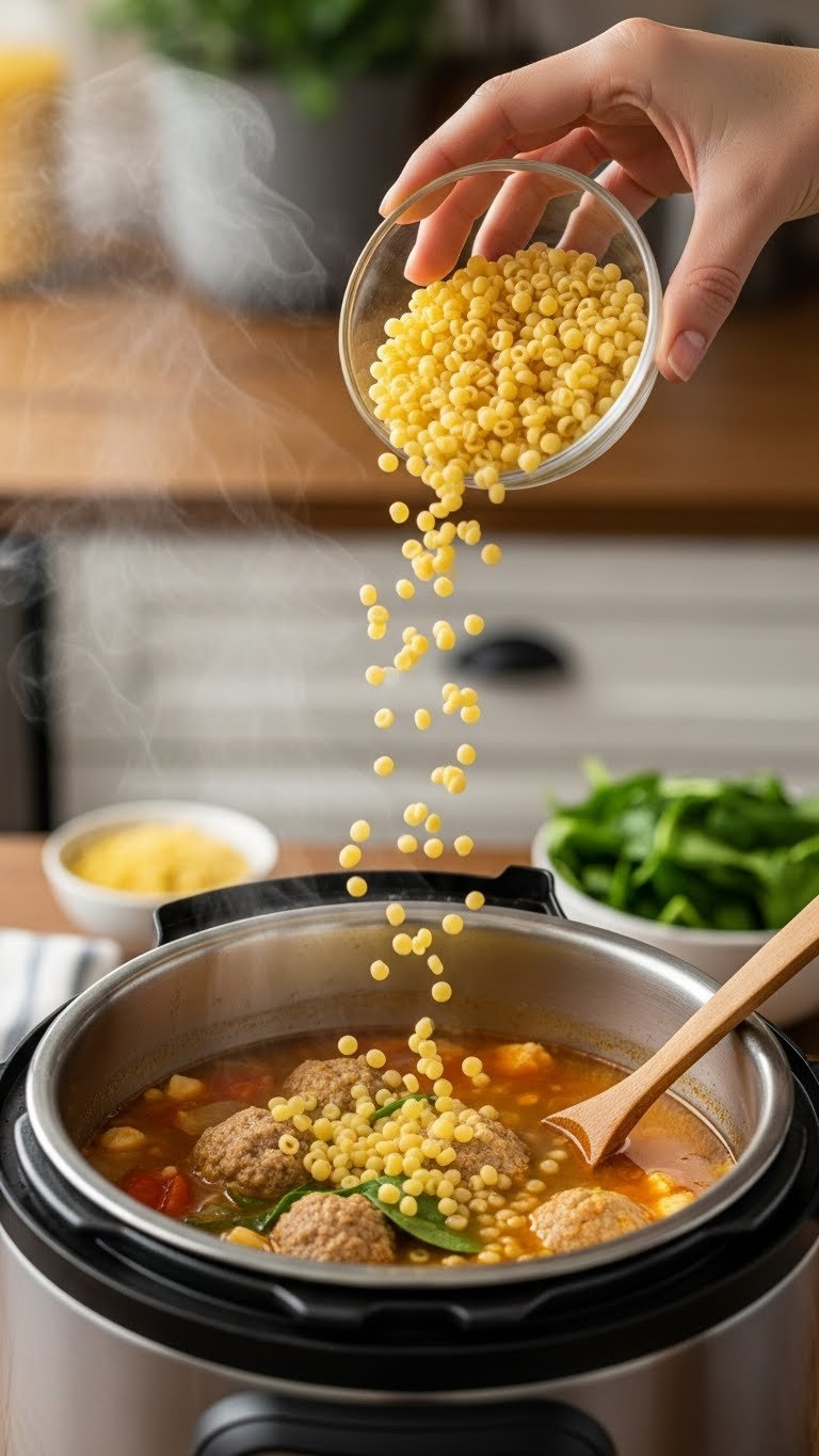 Tiny Acini De Pepe Pasta Pearls Are Gently Poured Into Steaming Instant Pot Italian Wedding Soup On A Rustic Countertop.