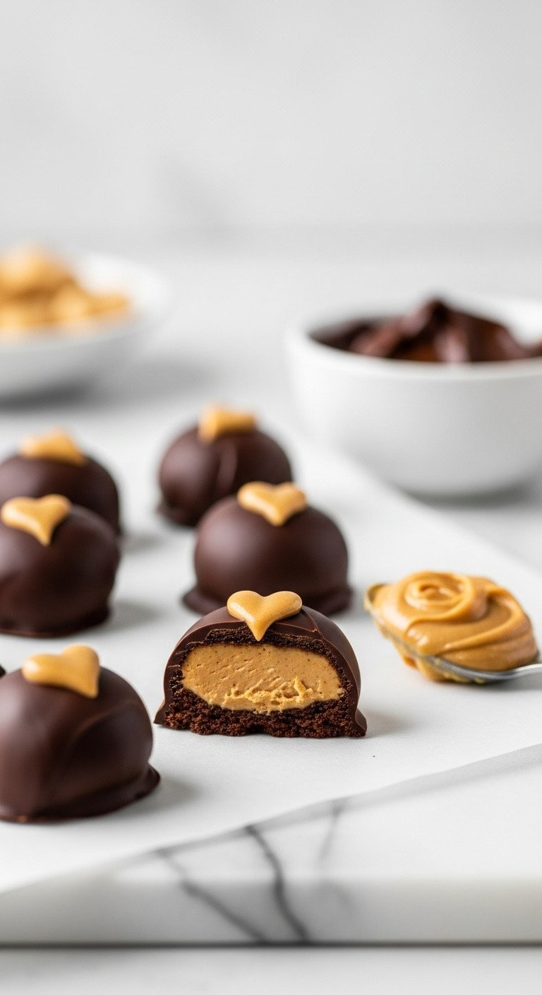 Tiny Chocolate Peanut Butter Bites, Rich Filling, Glossy Dark Chocolate, Heart-Shaped Drizzle. Luxurious Gourmet Treat.