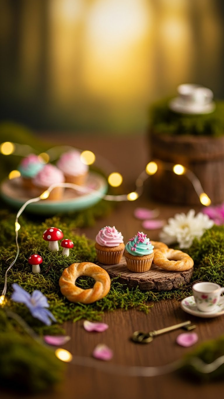 Tiny Frosted Cupcakes And Fairy Bread Nestled Among Moss And Fairy Lights Creating A Magical Forest Scene