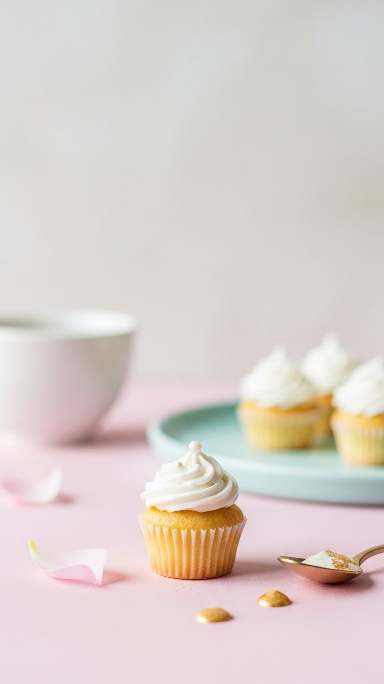 Tiny Perfectly Piped Vanilla Cupcake With Single Sprinkle On Pastel Surface Against Soft Unfocused Background
