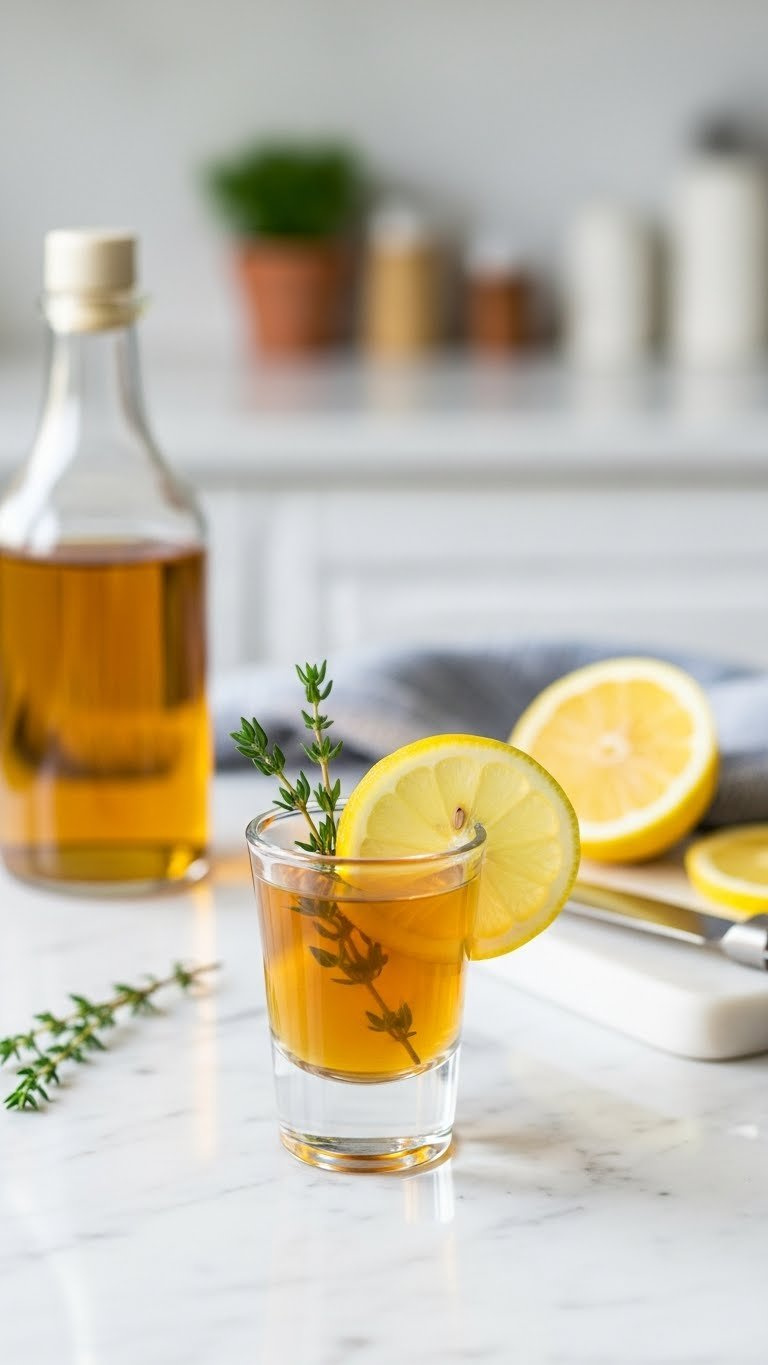 Tiny Shot Glass Of Amber Apple Cider Vinegar With Lemon Slice And Thyme Sprig On White Marble