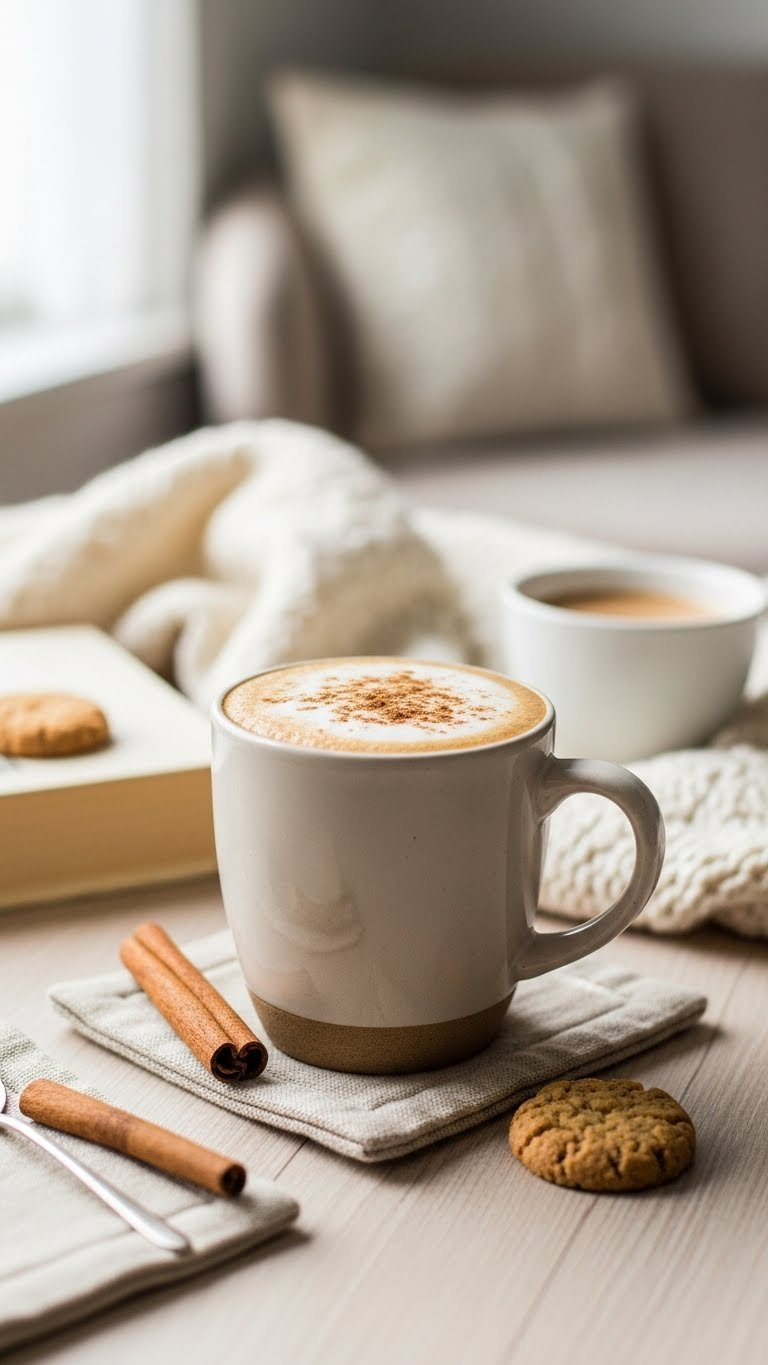 Toasted Almond Chai Latte In Ceramic Mug With Cinnamon Sprinkle And Cozy Reading Nook Background