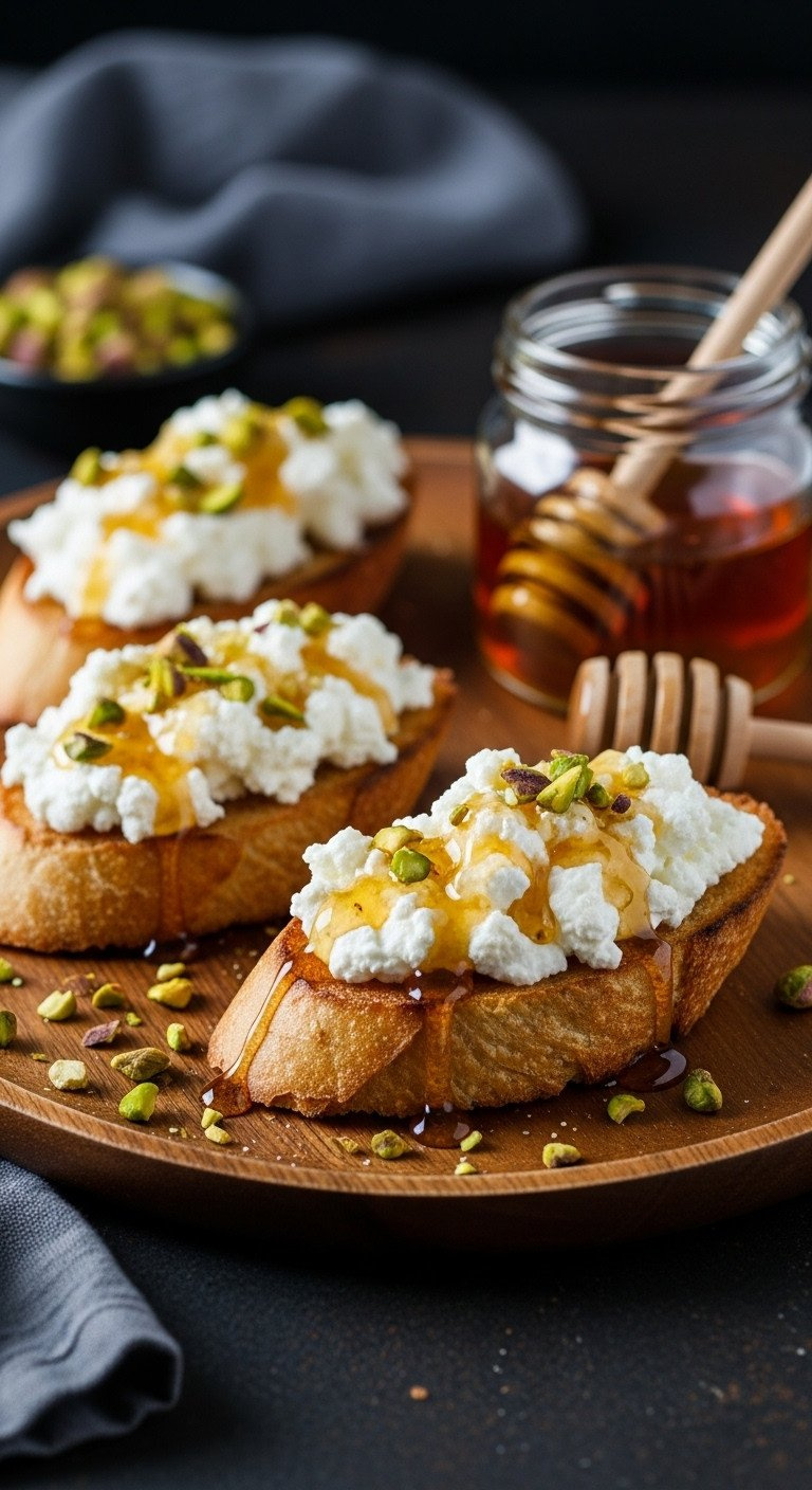 Toasted Crostini With Fluffy Whipped Feta And Hot Honey Drizzle On A Rustic Wooden Platter With Pistachios. Trendy Appetizer Recipe.