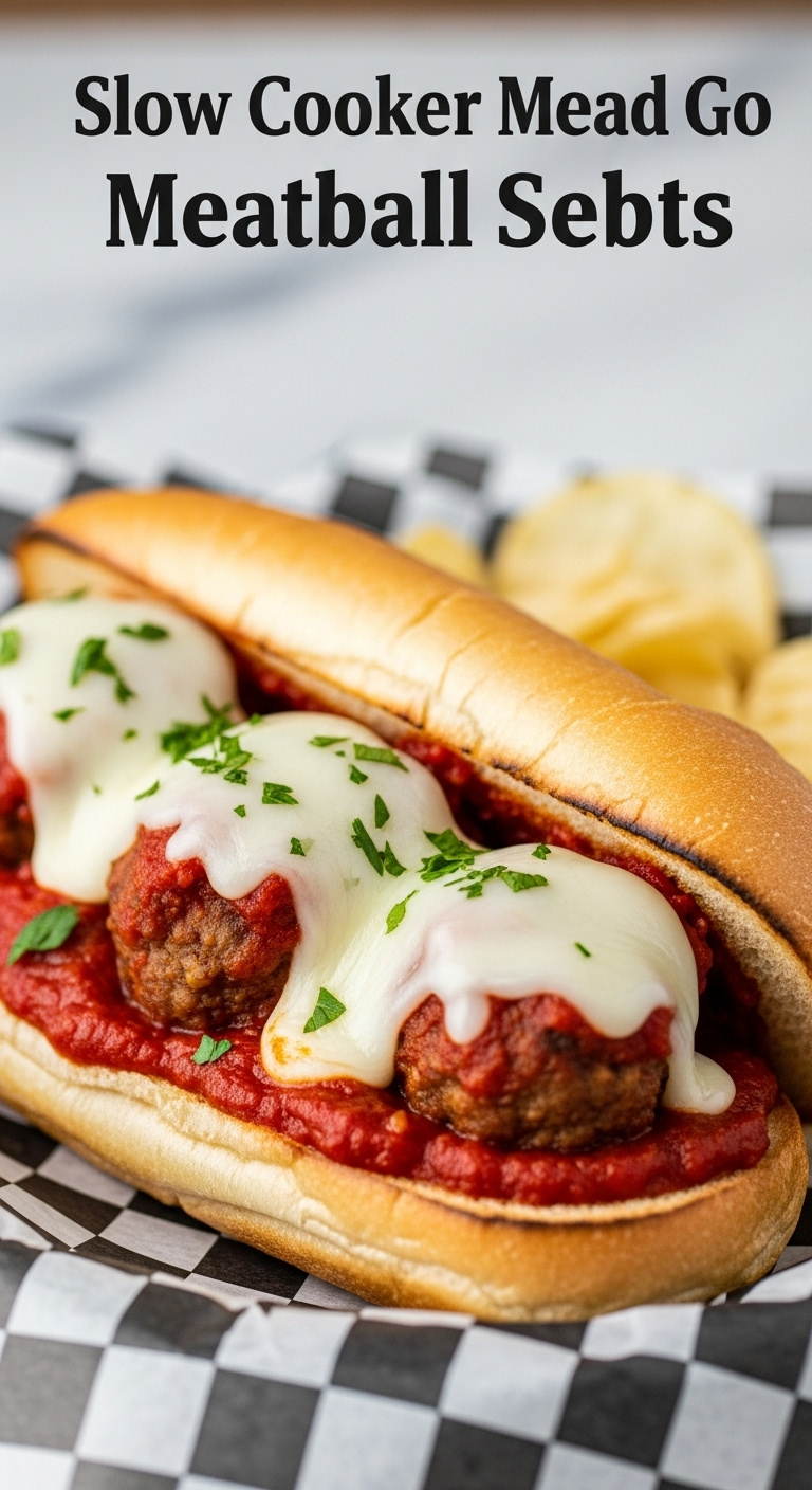 Toasted Hoagie Roll Overflowing With Slow Cooker Meatballs Marinara Sauce Melted Provolone Cheese And Parsley With Potato Chips