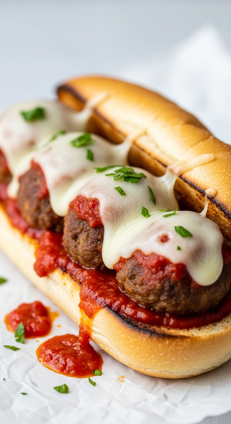 Toasted Open-Faced Meatball Sub With Saucy Meatballs, Melted Provolone Cheese, And A Parsley Garnish