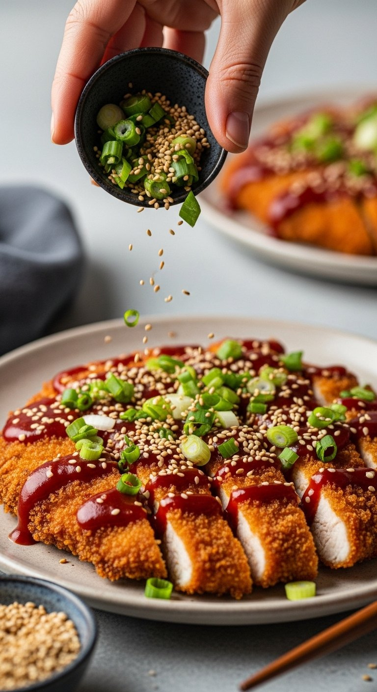 Toasted Sesame Seeds And Green Onions Garnishing Sliced Spicy Korean Chicken Katsu With Red Glaze.
