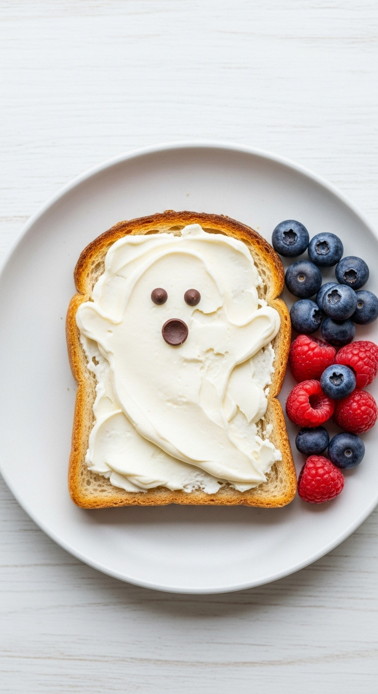 Toasted Sourdough Halloween Ghost Toast With Cream Cheese Ghost, Chocolate Chip Eyes, And Fresh Berries On Ceramic Plate