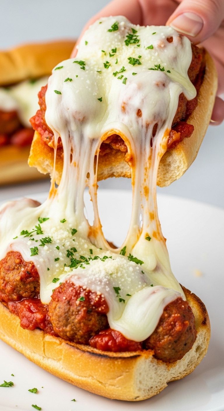 Toasted Submarine Roll Filled With Slow Cooker Meatballs, Melted Mozzarella, And Parmesan Garnish