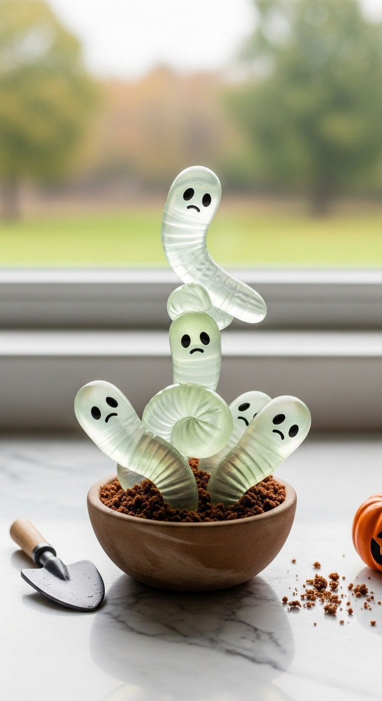 Toca Boca World Ghostly Gummy Worms: Translucent White-Green Virtual Worms From 'Dirt' In Rustic Bowl On Marble. Eerie Game Candy.