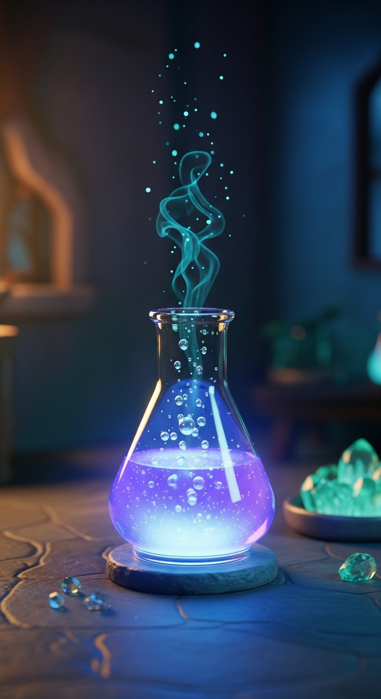 Toca Boca World Glowing Potion Drink: Ethereal Blue-Purple Virtual Liquid In Fantastical Glass On Stone. Mysterious Smoke, Crystals.
