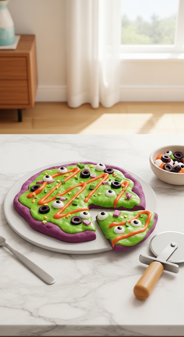 Toca Boca World Monster Mash Pizza: Vibrant Green-Purple Virtual Pizza With Candy Eyeballs, Olive Eyes, Zigzag Sauce. Fun Game Food.