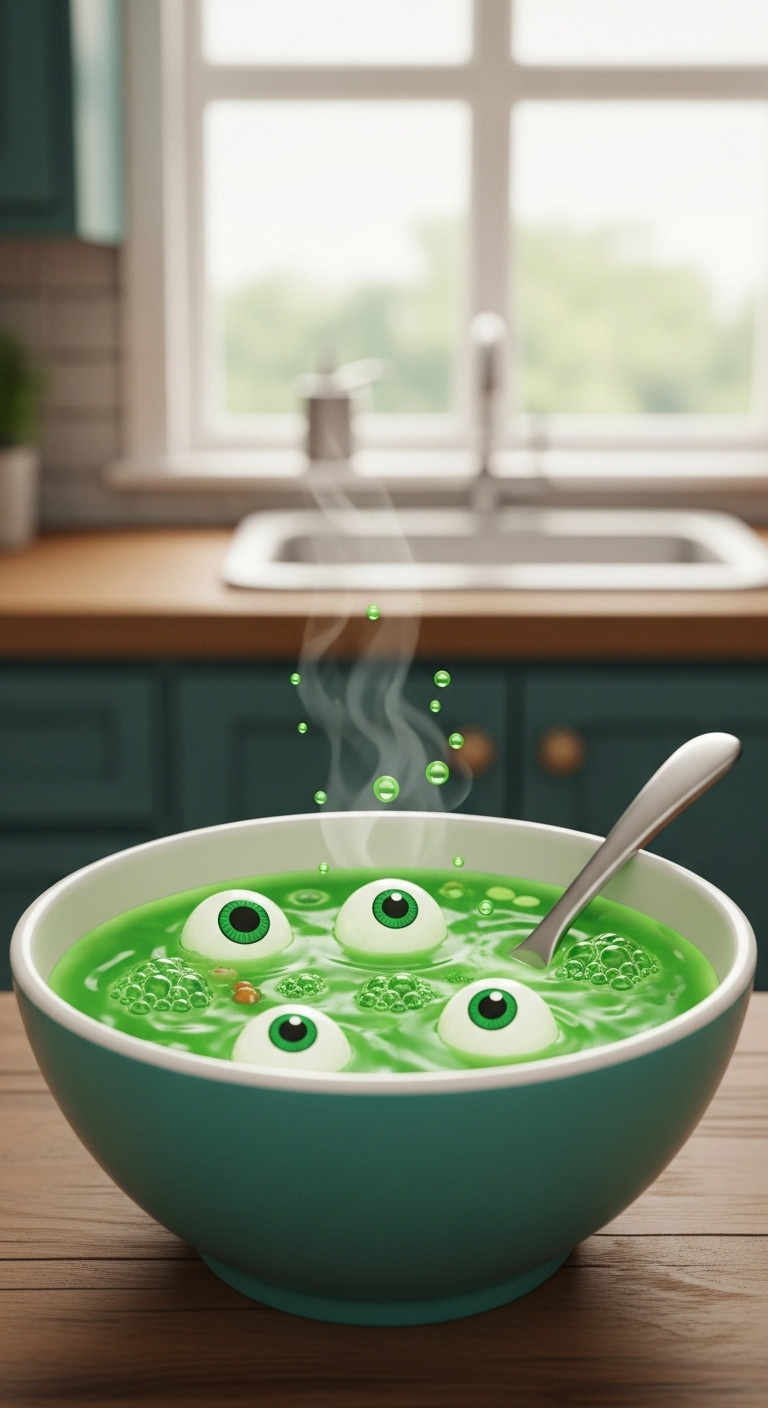 Toca Boca World Spooky Eyeball Soup: Green Bubbling Virtual Soup With White Eyeballs, Spoon On Rustic Wood. Eerie, Playful Game Food.