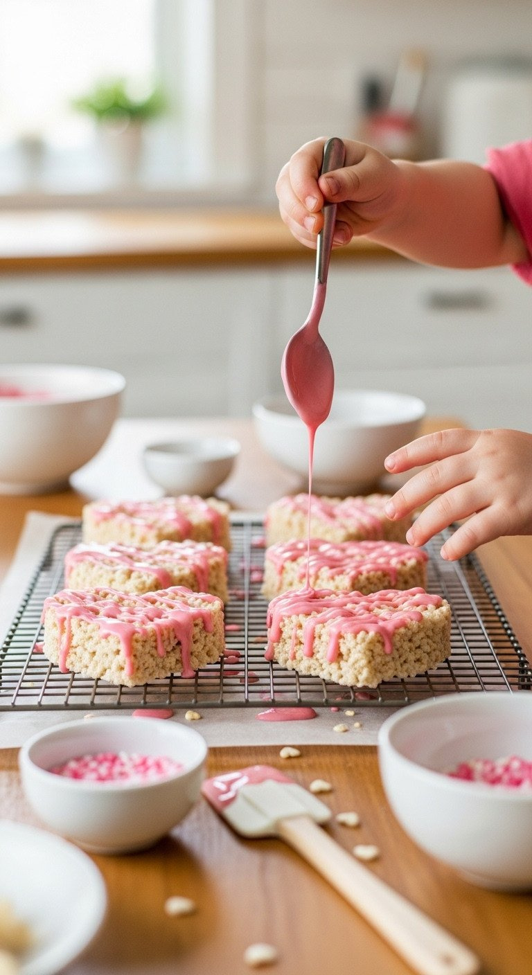 Toddler Hands Drizzling Pink Glaze On Heart-Shaped Rice Krispie Treats On A Cooling Rack, Natural Light. Fun Kids' Activity.