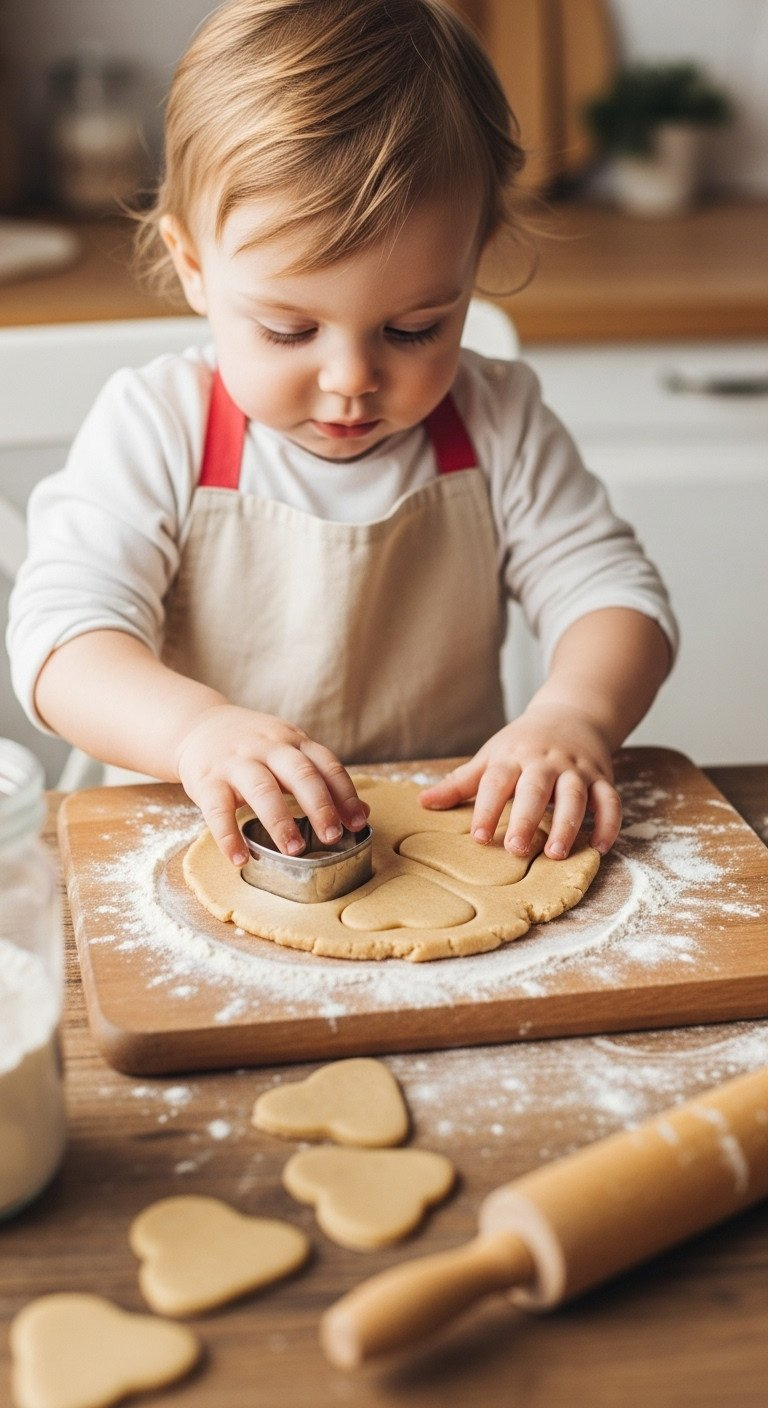 Toddler Hands In Tiny Apron Cutting Heart-Shaped Whole Wheat Cookies From Dough On A Floured Wooden Board, Valentine's Day Baking.