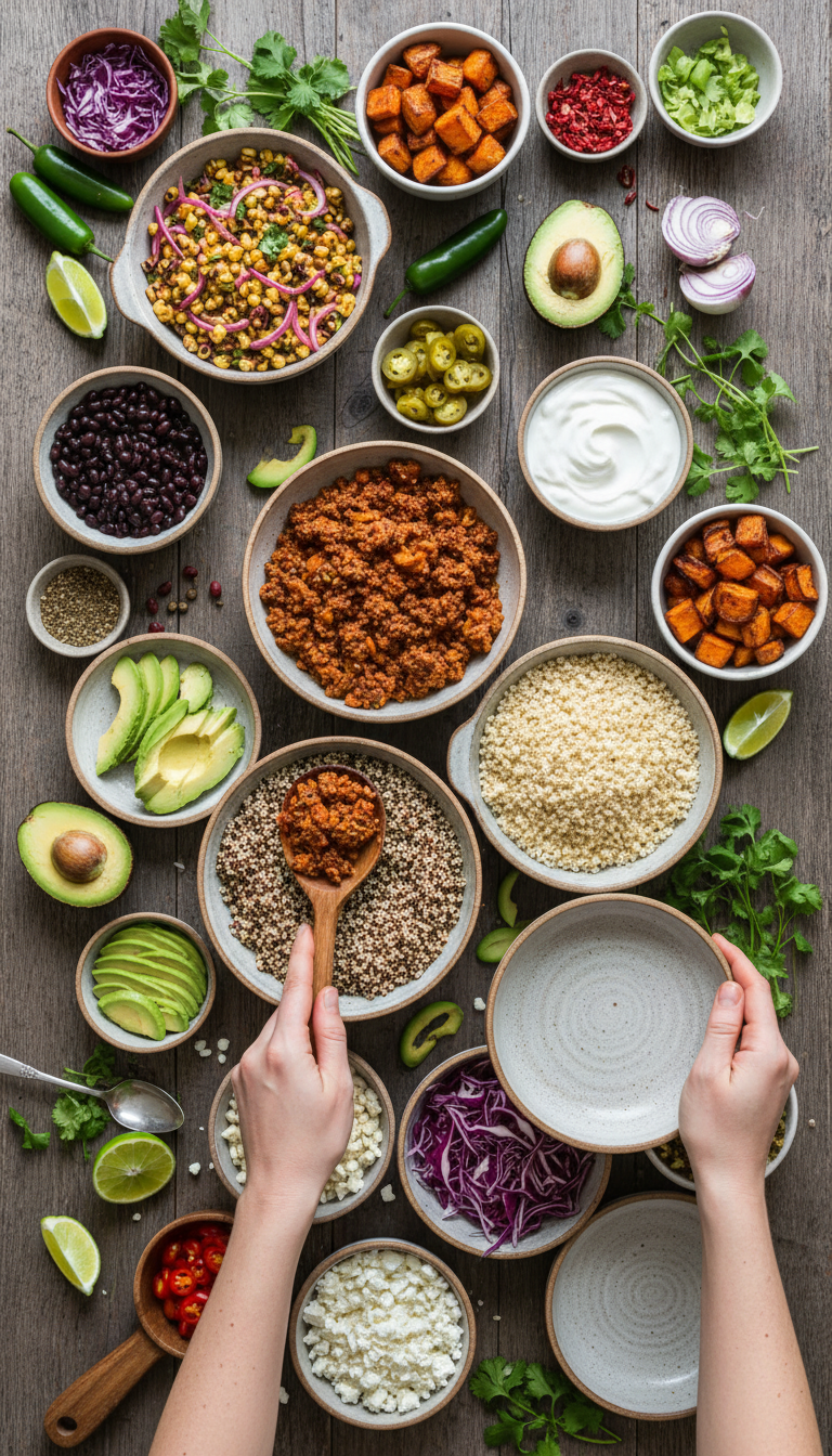 Top‑Down View Of A Bowl Bar On A Wooden Table With Bowls Of Ground Turkey, Quinoa, Greek Yogurt, Corn Salsa And Black Beans.