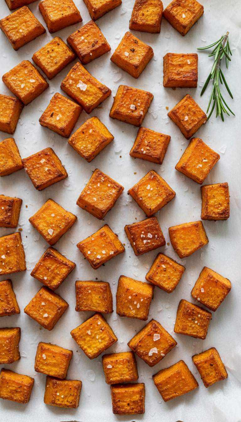 Top‑Down View Of Roasted Sweet Potato Cubes On A Metal Baking Sheet, Topped With Sea Salt Flakes And A Rosemary Sprig.
