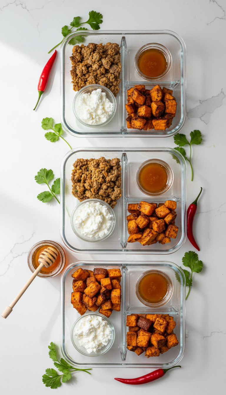 Top‑Down View Of Three Glass Meal‑Prep Containers On A Countertop, Containing Beef, Sweet Potatoes, Cheese, And Honey Bottle.