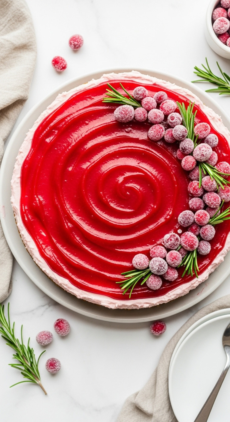Top-Down No-Bake Cranberry Cheesecake With Pink Filling, Red Cranberry Topping, Sugared Cranberries, Rosemary. White Marble, Linen.