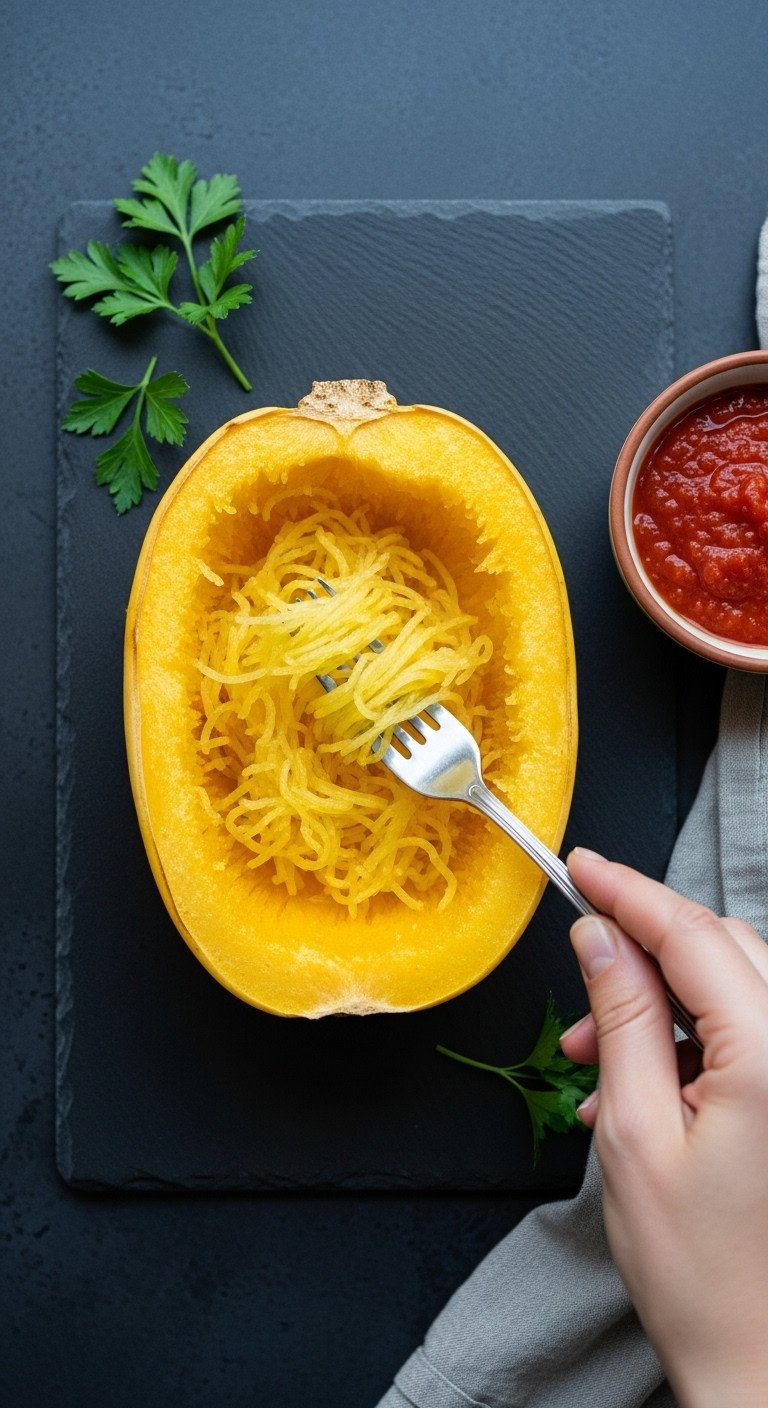 Top-Down Close-Up Of A Fork Shredding The Cooked Flesh Of A Roasted Spaghetti Squash Into Long, Spaghetti-Like Strands.