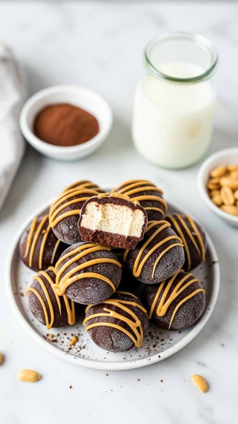 Top-Down Close-Up Of Frozen Chocolate-Coated Peanut Butter Cheesecake Bites With Peanut Butter Drizzle, Marble Counter.