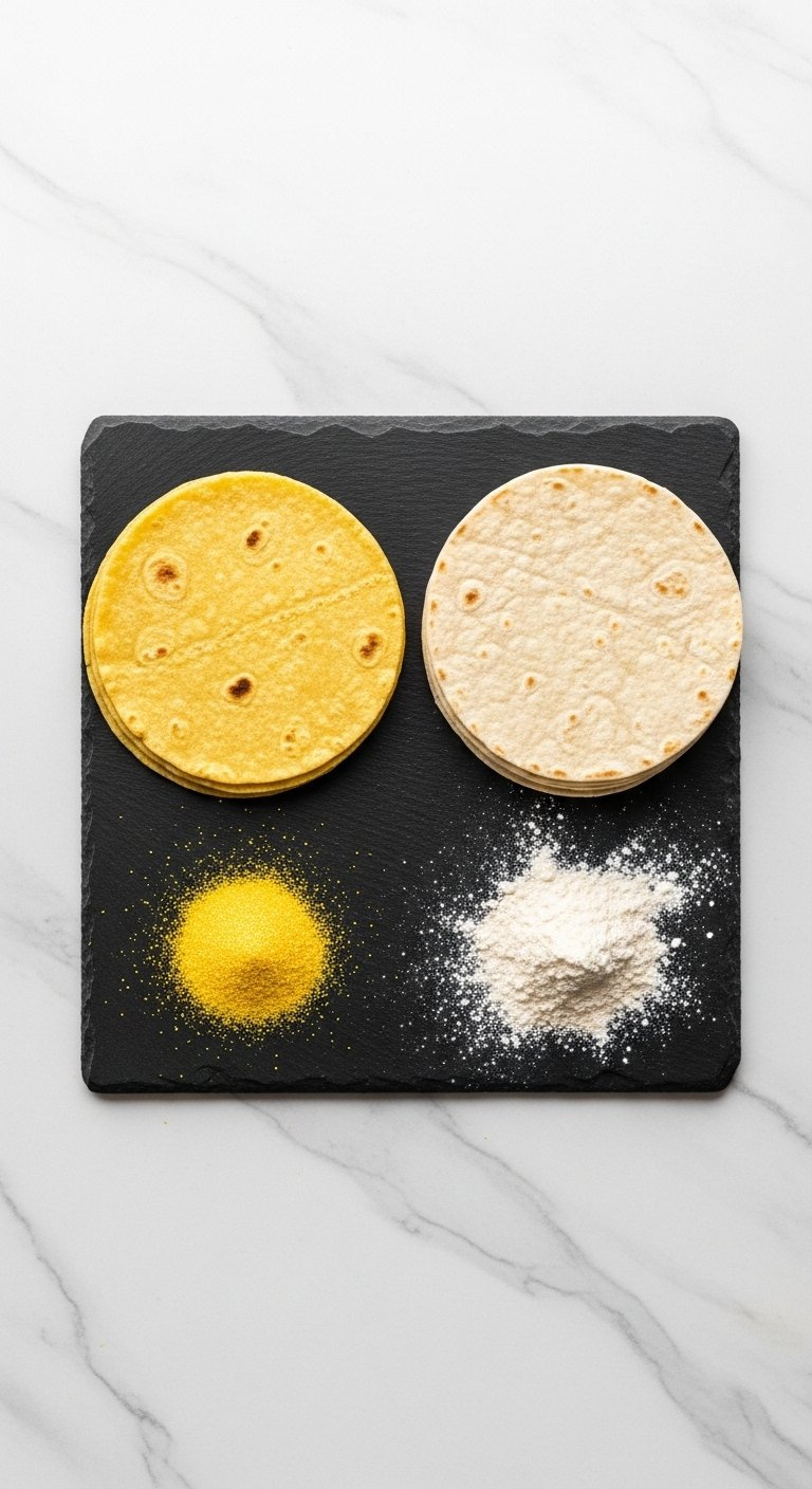 Top-Down Flat Lay Comparing A Stack Of Yellow Corn Tortillas And Pale Flour Tortillas On A Dark Slate Surface.