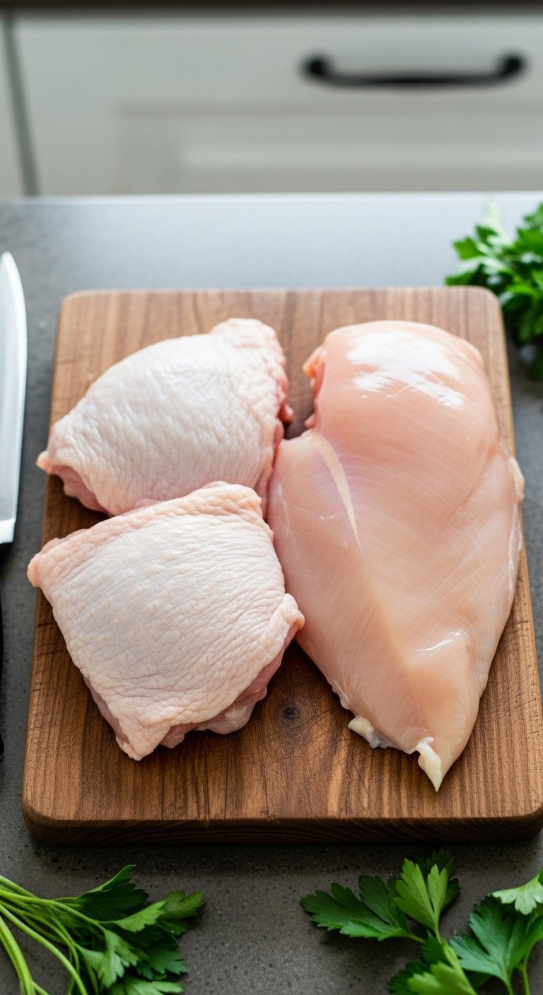 Top-Down Flat Lay Comparing Raw Boneless Chicken Thighs And Breasts On A Rustic Wooden Cutting Board With Parsley.