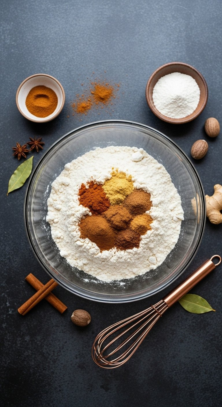 Top-Down Flat Lay: Flour In A Glass Bowl With Piles Of Cinnamon, Nutmeg, Ginger Spices. Whisk And Whole Spices On Dark Slate.
