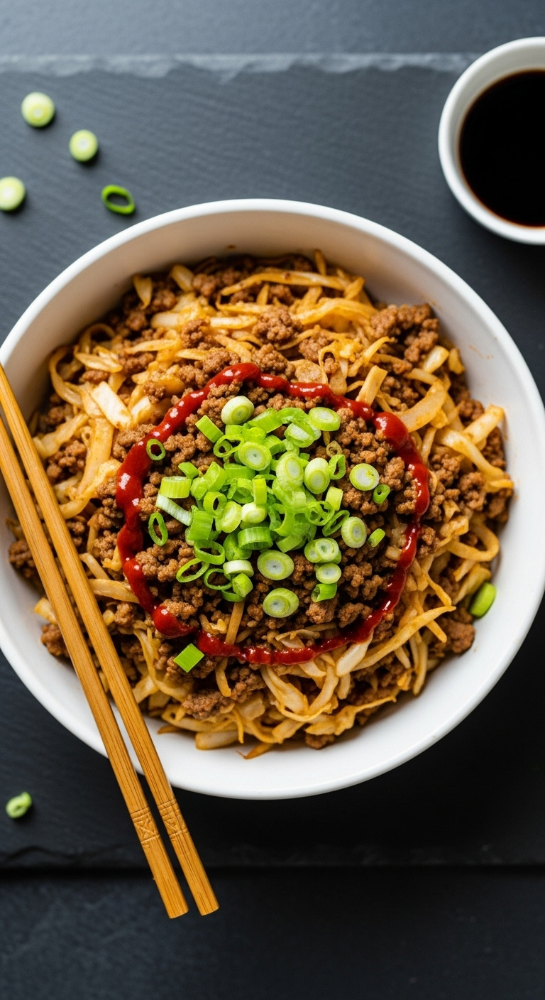 Top Down Flat Lay Of Asian Inspired Egg Roll In A Bowl With Ground Beef Cabbage Scallions Sriracha Chopsticks And Soy Sauce