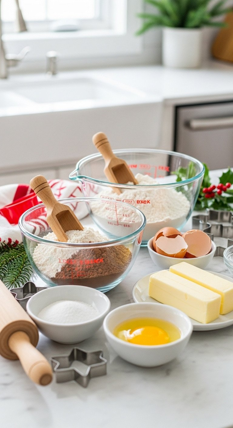 Top-Down Flat Lay Of Christmas Baking Ingredients On A Marble Countertop. Glass Bowls With Flour, Sugar, And Cocoa Next To Butter.