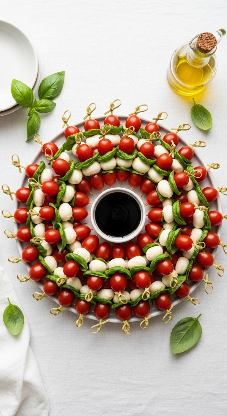 Top-Down Flat Lay Of Christmas Wreath Caprese Skewers With Cherry Tomatoes Mozzarella And Basil On A White Platter With Balsamic Glaze