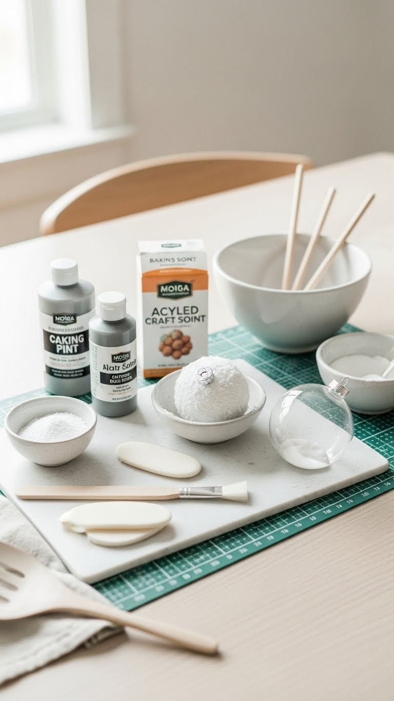 Top-Down Flat Lay Of Diy Flocked Ornament Supplies Including Baking Soda, Acrylic Craft Paint, And Foam Brushes Arranged On Light Wooden Table