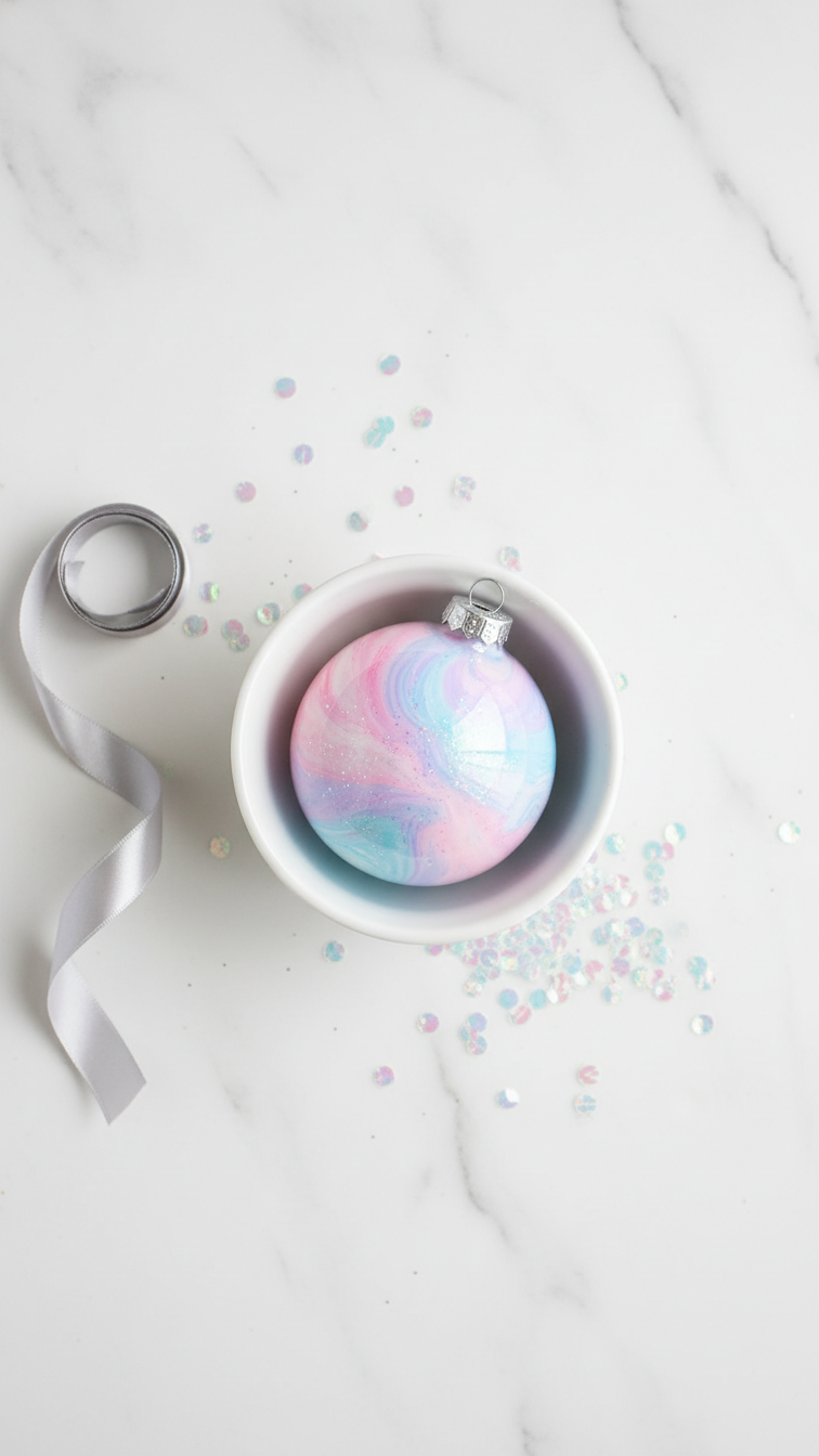 Top-Down Flat Lay Of Diy Pastel Galaxy Ornament In White Ceramic Bowl With Soft Pink, Blue, And Lavender Swirls Accented By Iridescent Glitter.