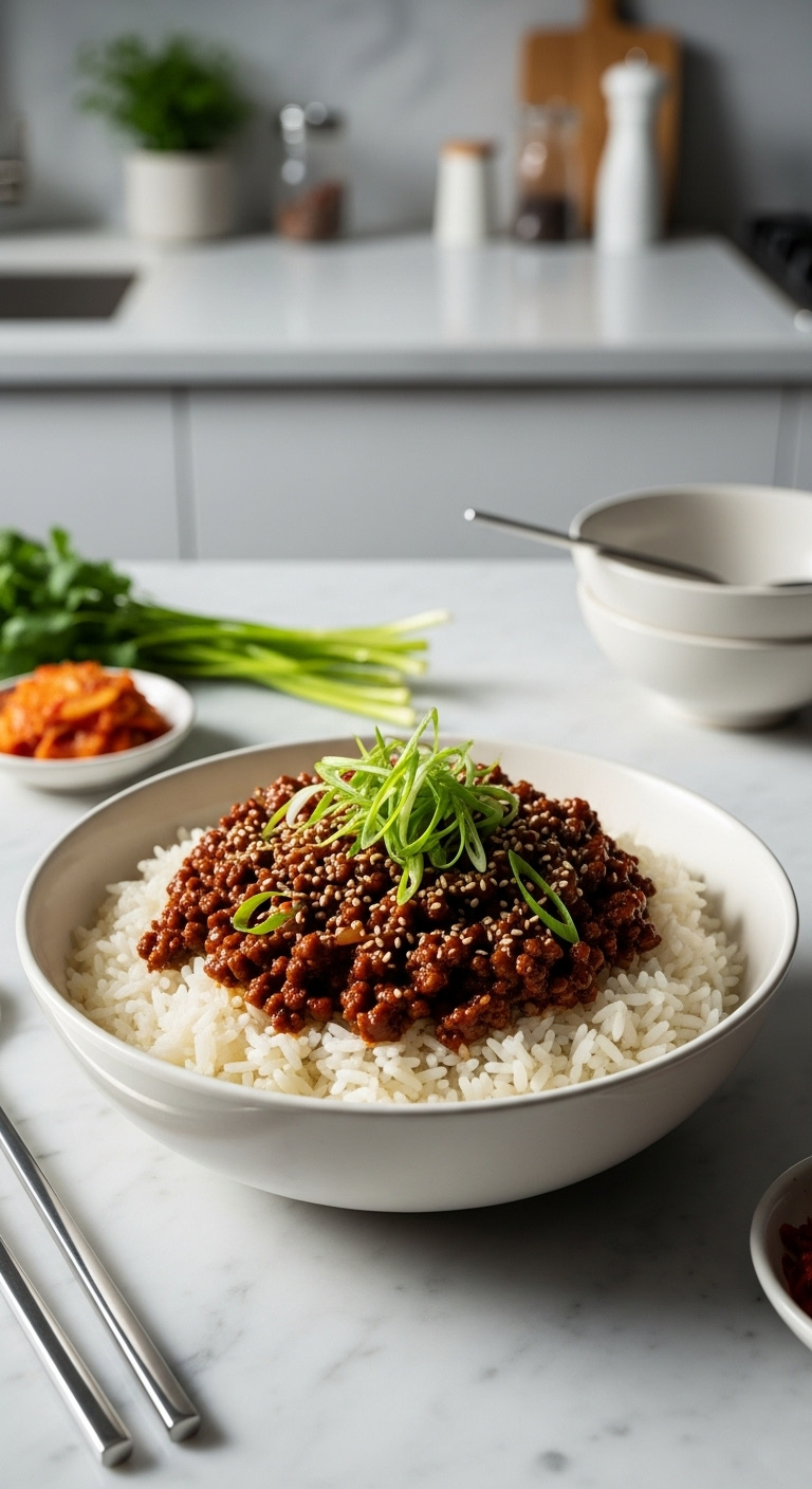 Top Down Flat Lay Of Korean Ground Beef And Rice Bowl With Scallions And Sesame Seeds On Marble Countertop With Chopsticks And Kimchi