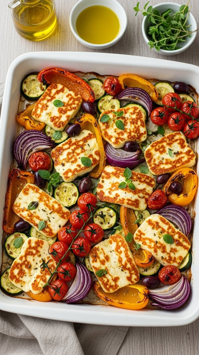 Top-Down Flat Lay Of Mediterranean Veggie Halloumi Traybake With Roasted Vegetables On White Ceramic Tray
