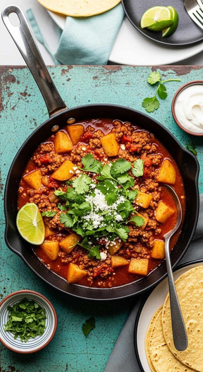 Top Down Flat Lay Of Mexican Picadillo Con Papas With Saucy Ground Beef Potatoes Cilantro And Cotija Cheese On Turquoise Surface With Lime And Tortillas