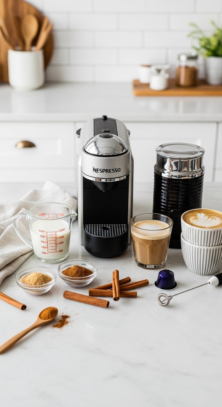 Top-Down Flat Lay Of Nespresso Latte Ingredients Including Cinnamon Sticks, Brown Sugar, Espresso Pods, And Milk Frother.