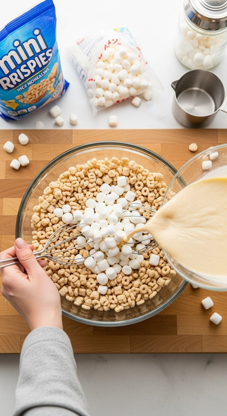 Top-Down Flat Lay Of Rice Krispies Cereal And Mini Marshmallows In A Mixing Bowl On A Wooden Butcher Block.
