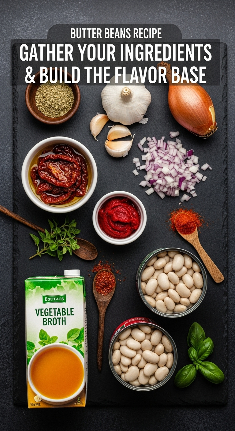 Top Down Flat Lay Of Tuscan Butter Bean Ingredients Including Sun Dried Tomatoes Garlic Shallot Tomato Paste Butter Beans Vegetable Broth Herbs