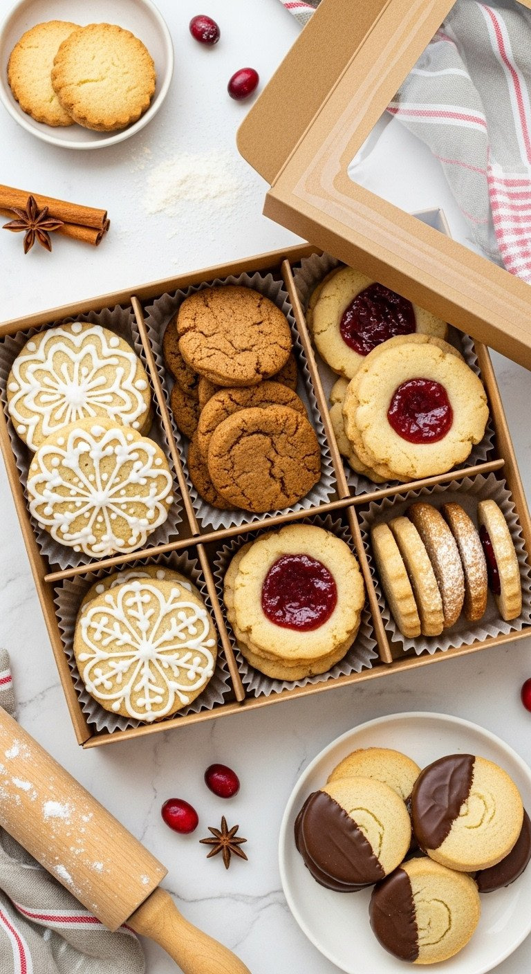 Top-Down Flat Lay Of A Christmas Cookie Box With Decorated Sugar, Gingerbread, Thumbprint, And Shortbread Cookies On Marble.