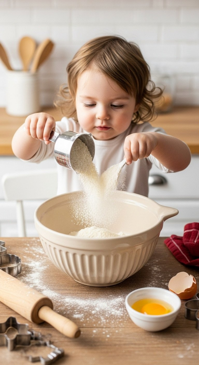 Top-Down Flat Lay Of A Child's Hands Pouring Flour Into A Mixing Bowl On A Rustic Wooden Table For Holiday Baking.