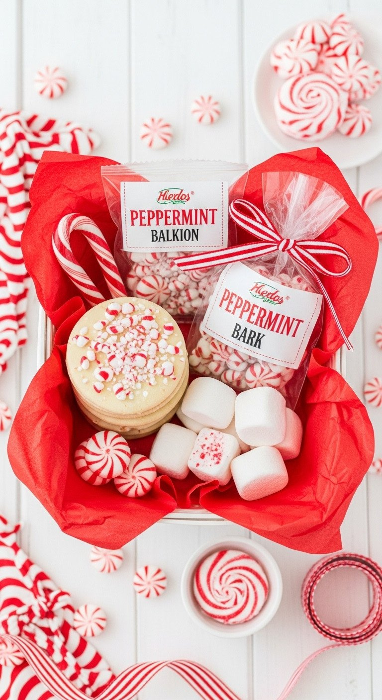 Top-Down Flat Lay Of A Festive Peppermint Gift Basket With Cookies, Peppermint Bark, And Swirl Marshmallows On White Wood.